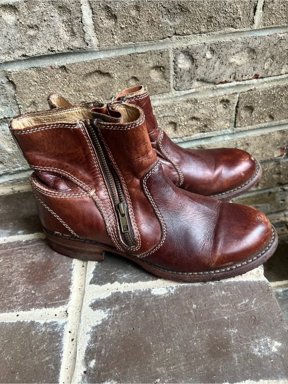 Bed Stu Cognac Leather Side-Zip Ankle Boots